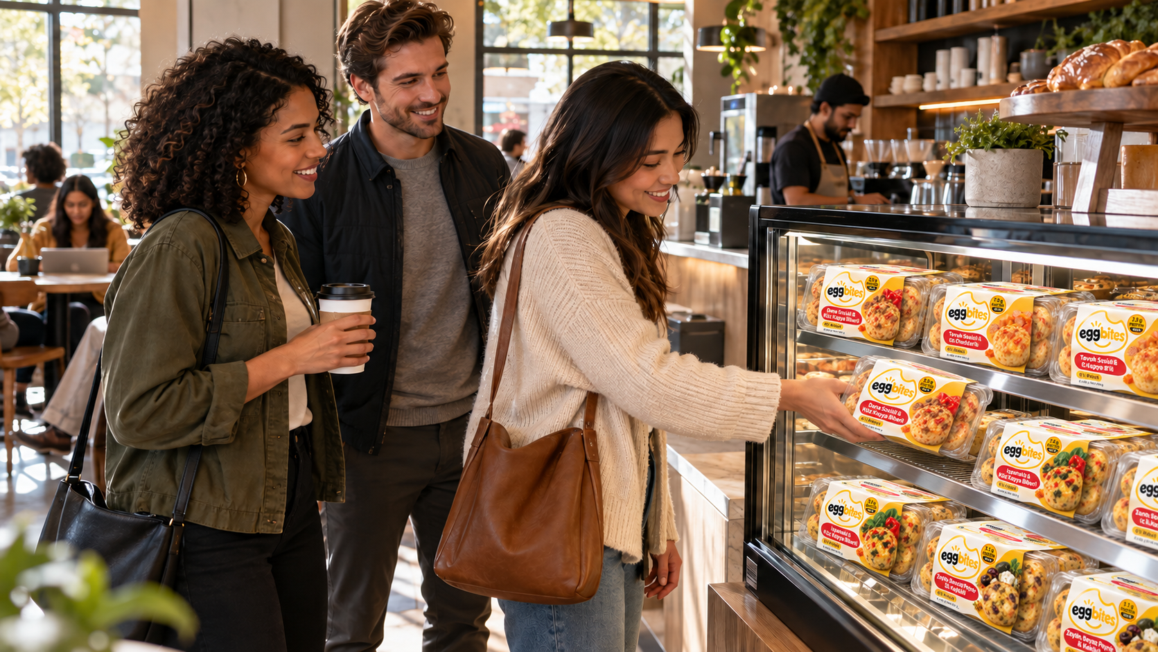 Customers choosing Egg Bites from a café display